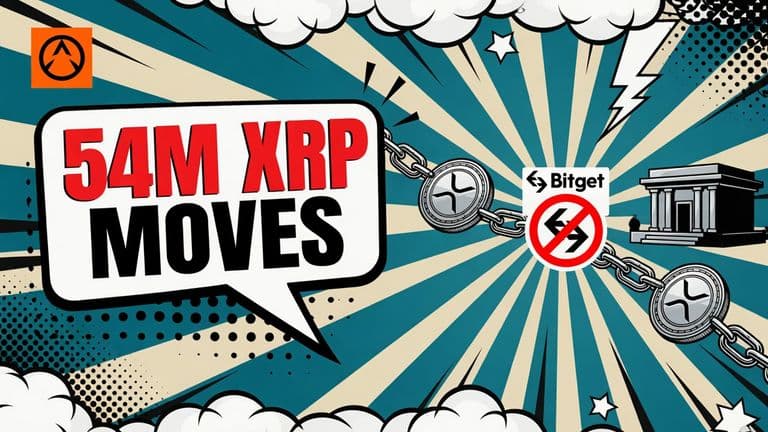 A comic cover shows 54 million XRP moving through a series of connected wallets from a Bitget-related breach, stopping before an exchange because no sale is confirmed.