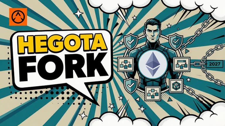 A comic-style Ethereum upgrade scene shows Hegota connecting familiar blockchain blocks to validator-led transaction inclusion and future cryptographic research.