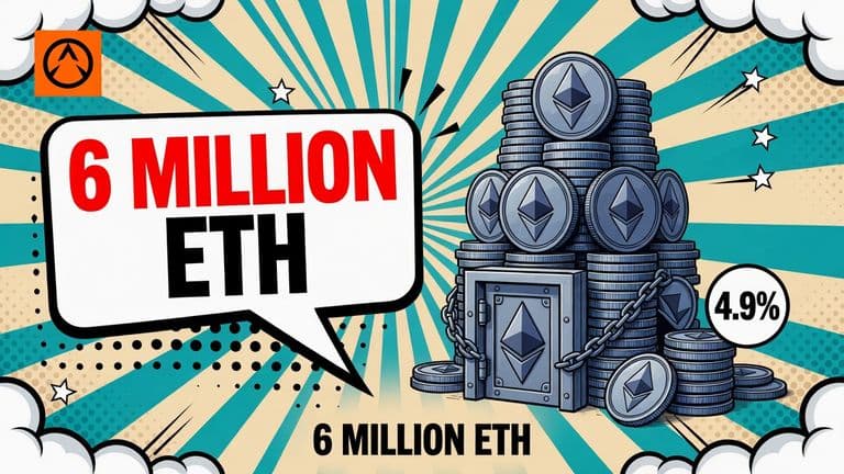 A comic Ethereum stack towers inside a Bitmine staking vault, with a few unstaked coins below and a 4.9% badge marking the company’s share of circulating supply.