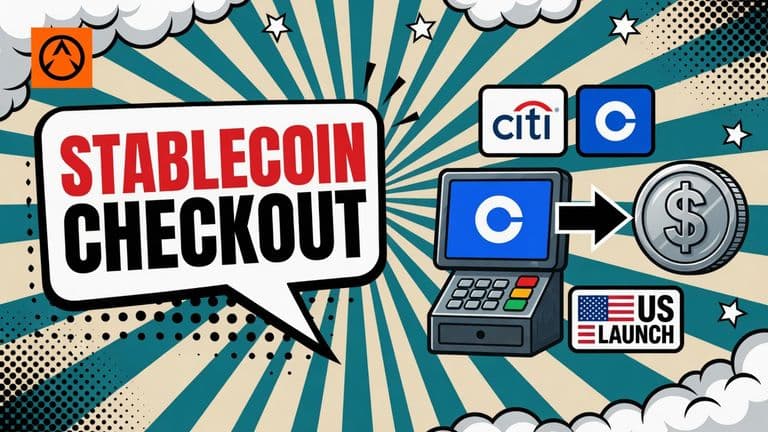 A pop-art business checkout shows Coinbase and Citi marks connected to a stablecoin payment, an automatic conversion arrow, and a fiat settlement symbol, with a US launch badge.