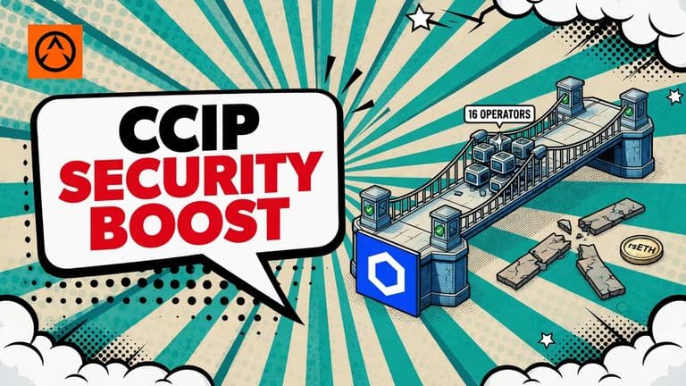 A pop-art illustration shows a Chainlink cross-chain bridge protected by a 16-operator verifier network and optional independent checks, contrasted with a failed single-verifier path and an rsETH coin.
