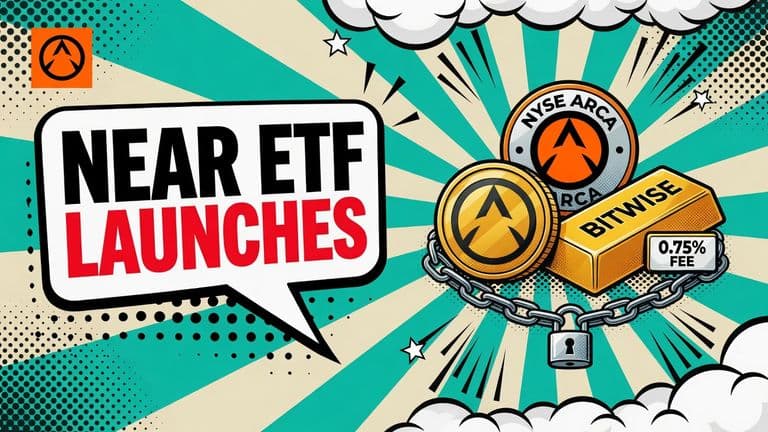 A pop-art cover shows the real NEAR mark on a coin beside a Bitwise-branded exchange-traded product, a trading badge and a staking lock beneath them.