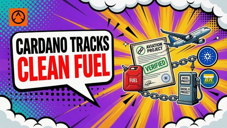 A pop-art illustration shows Cardano and Petrobras connected to a shared record tracing sustainable aviation fuel and Diesel R from production to environmental claims.