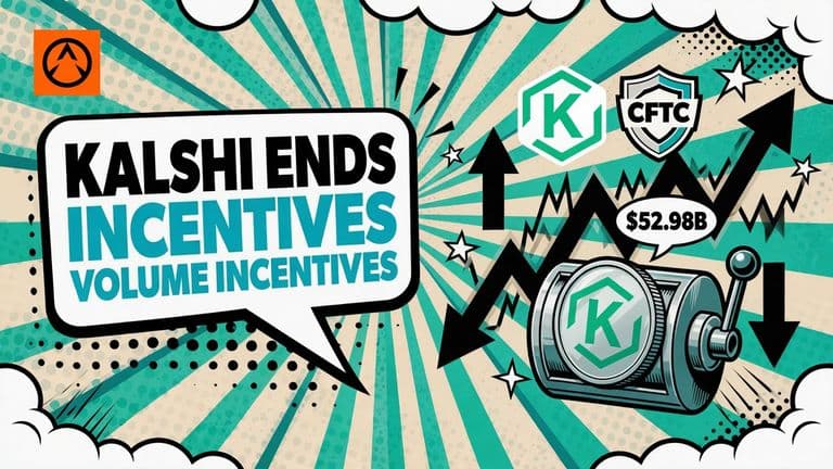 A comic cover shows Kalshi’s real mark beside the CFTC’s real mark, trading charts, repeated order arrows, and a volume reward coin being removed from a slot.