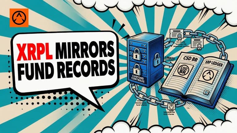 A comic illustration shows CSD BR's regulated fund register connected to a mirrored ownership record on the XRP Ledger, emphasizing public visibility without transfer of the underlying assets.