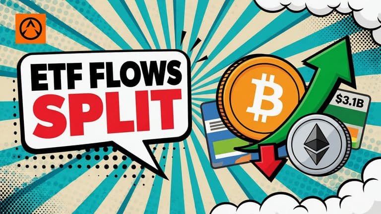 A pop-art illustration contrasts Bitcoin's strong ETF inflow with Ether's small outflow, using coins, flow arrows and fund cards.
