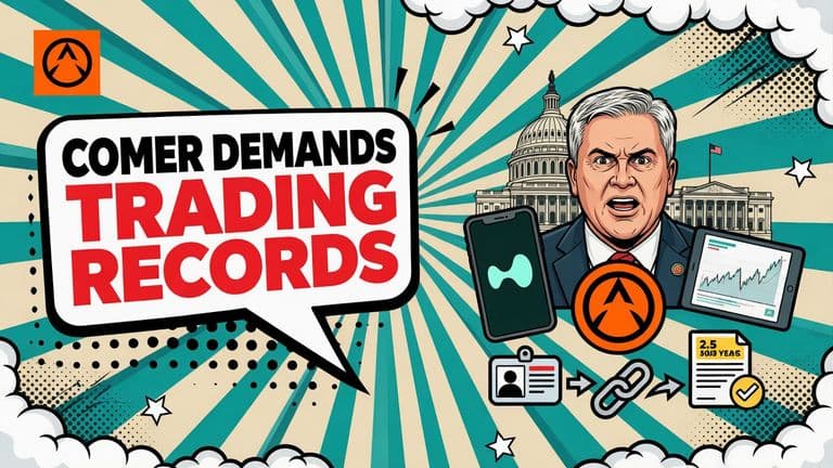 A comic-style congressional oversight scene shows Rep. James Comer examining identity records and suspicious trading data from three crypto prediction venues.
