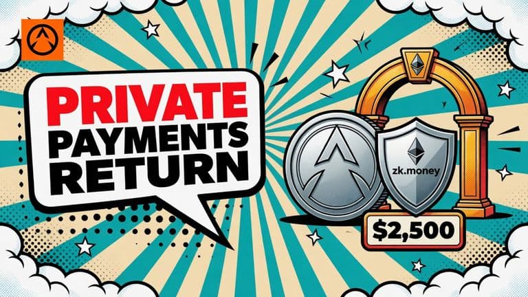 A comic illustration shows a private zk.money payment shield connected to Ethereum, with a $2,500 limit badge.