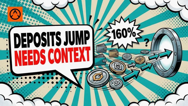 A comic illustration shows many altcoin transfers and wallet addresses flowing into an exchange portal, with a 160 percent badge and a question mark emphasizing that the rise in counts does not reveal the value deposited.