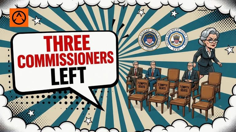 A pop-art cover shows the SEC and CFTC marks above three occupied commissioner chairs and seven empty chairs, with a comic caricature of Hester Peirce walking away.