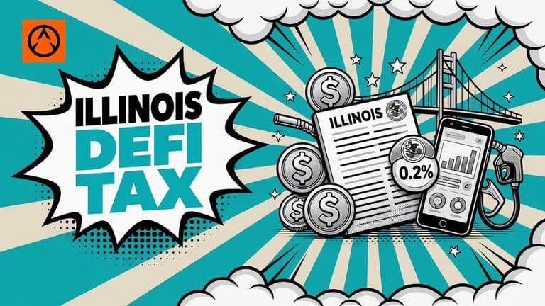 A pop-art illustration shows an Illinois tax document marked 0.2% beside stablecoin coins, a DeFi platform, a cross-chain bridge and a gas pump, with an official government seal in the scene.