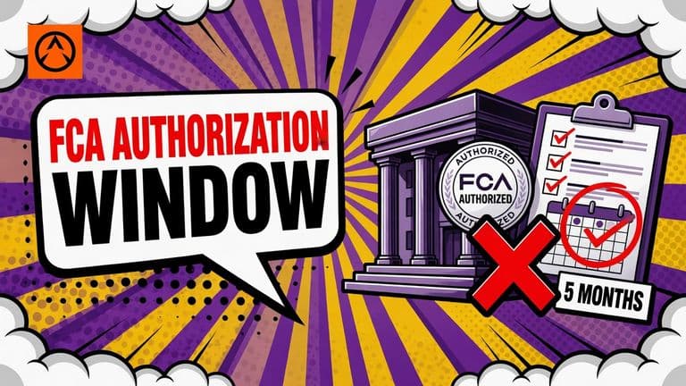 A pop-art cover shows a UK crypto firm facing an FCA authorization badge, with a calendar deadline and compliance checklist beneath it.