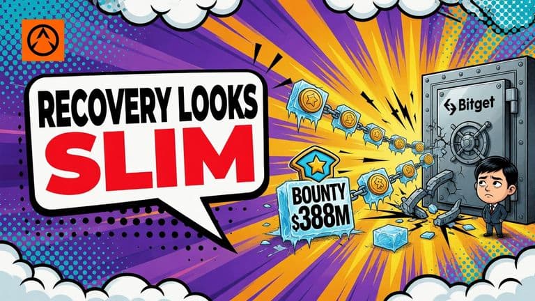 A comic Bitget vault has a broken security barrier, with crypto moving along blockchain links toward scattered freeze symbols as Gracy Chen looks on with concern.