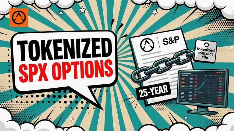 A comic illustration shows the Cboe and S&P Dow Jones Indices marks on an SPX options contract linked to a tokenized contract tile and trading screen.