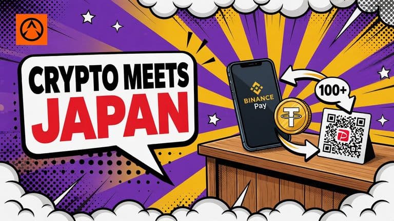 A comic-style smartphone uses Binance Pay to scan a PayPay QR code at a Japanese merchant, linking crypto payment with a local yen purchase.
