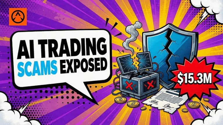 A comic-style SEC shield confronts a broken trading bot and false certificate beside a $15.3M badge.