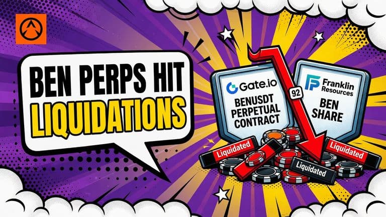 A pop-art cover shows Gate.io and Franklin Resources marks linked to the BENUSDT contract as a dividend adjustment arrow points toward a cluster of 92 liquidation markers.