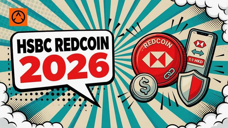 A comic cover shows HSBC RedCoin moving from a smartphone into a Hong Kong payment scene, with a 1:1 Hong Kong dollar peg badge and a shield for reserve backing.