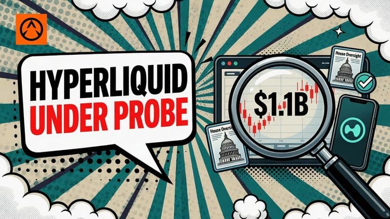 A comic cover shows a congressional document and a short-position chart under a magnifying glass beside a Hyperliquid trading terminal.