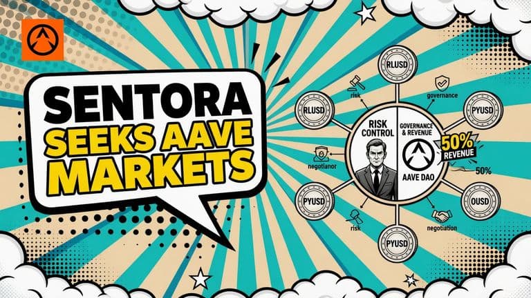A comic cover shows Sentora controlling the risk settings of a proposed hub-and-spoke lending system on Aave V4, with stablecoin markets split between it and the Aave DAO.