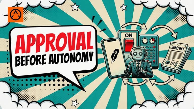 A comic Robinhood AI trader stands between a manual approval switch and repeating automated trade instructions, with the publication's headline beside it.