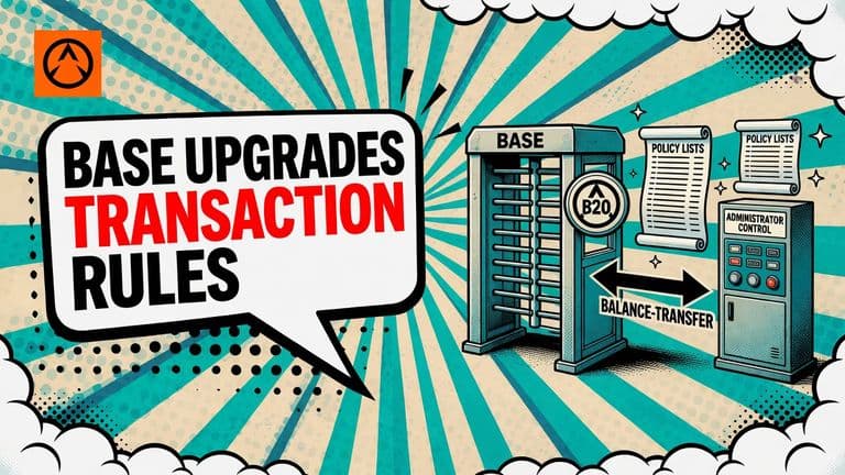 A comic illustration shows a Base transaction waiting at a condition gate beside B20 controls that allow an administrator to redirect a blocked holder’s balance.