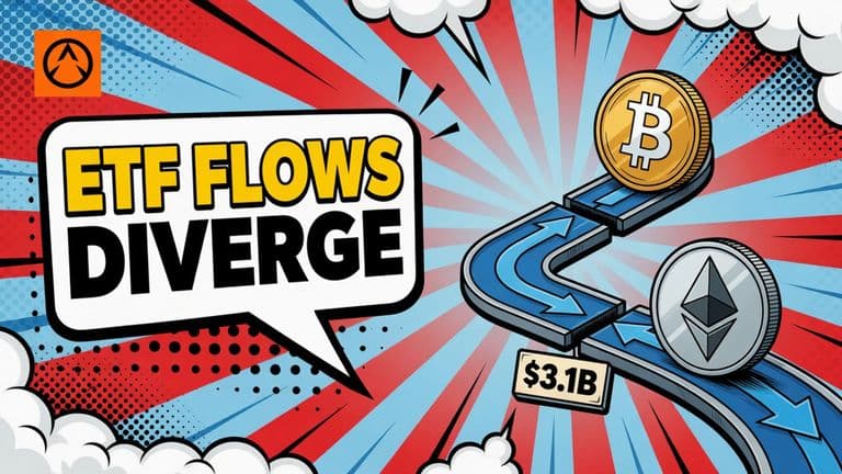 A pop-art cover shows Bitcoin’s strong ETF inflow streak breaking while Ether’s ETF flows turn downward.