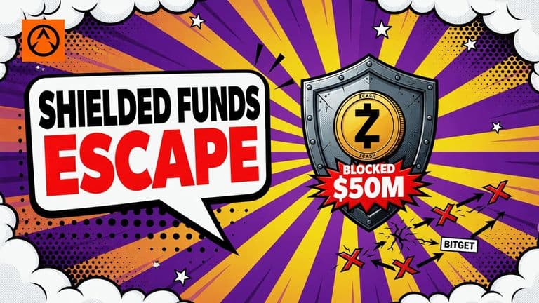 A Zcash coin enters a privacy shield while a Bitget-linked swap route is stopped, contrasting a successful hidden deposit with blocked attempts to move stolen funds.