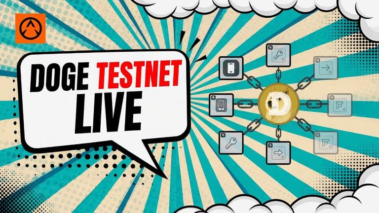 A comic illustration shows Dogecoin connected to the DogeOS testnet, with a mix of application tiles and several unfinished plans inside a speech bubble about the live testnet.