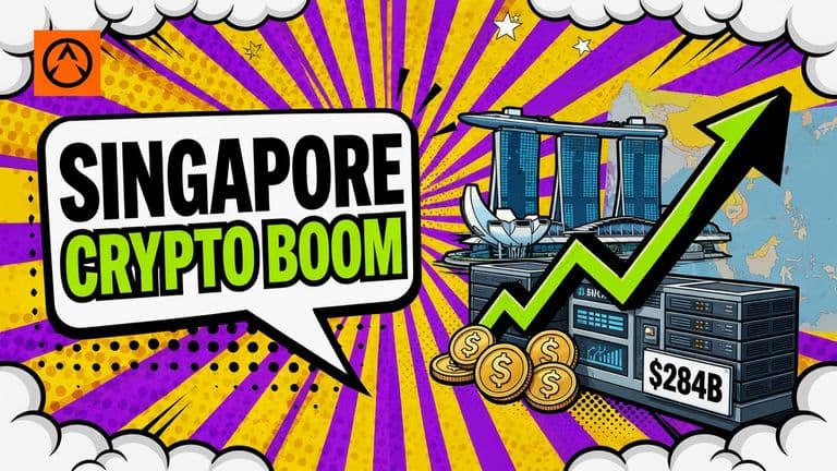 A comic-style illustration of Singapore’s skyline and regional map connected to institutional crypto trading infrastructure, exchange screens, flow arrows and stablecoin coins.