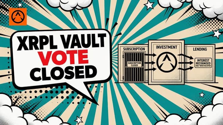 A pop-art illustration of an XRPL lending vault divided into subscription, investment, and redemption stages, with a closed subscription gate and interest recognised when payment arrives.