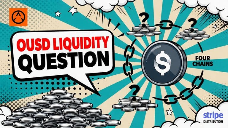A comic cover shows OUSD connected across Ethereum, Solana, Base and Tempo, with uneven liquidity pools and a question mark highlighting the uncertainty.