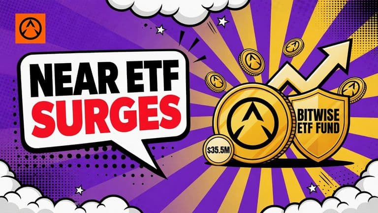 A pop-art cover shows the NEAR mark on a large coin beside a Bitwise ETF badge, rising coins, an upward arrow, and a $35.5M inflows badge.