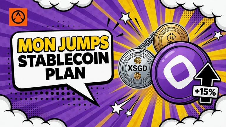 A comic MON token rises beside two linked coins representing the planned XSGD and XUSD stablecoins.