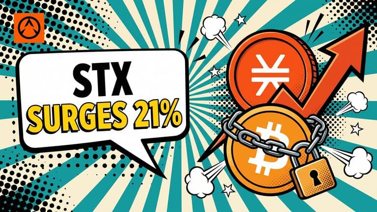 A comic-style STX coin rises above a secured Bitcoin coin and an upward arrow, beside a headline reading STX SURGES 21%.
