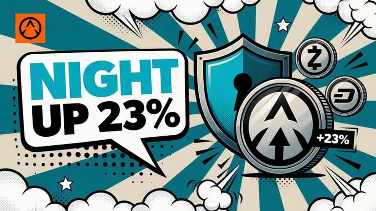 A comic NIGHT coin rises above Zcash and Dash coins beside a privacy shield, with a bold headline announcing a 23 percent gain.