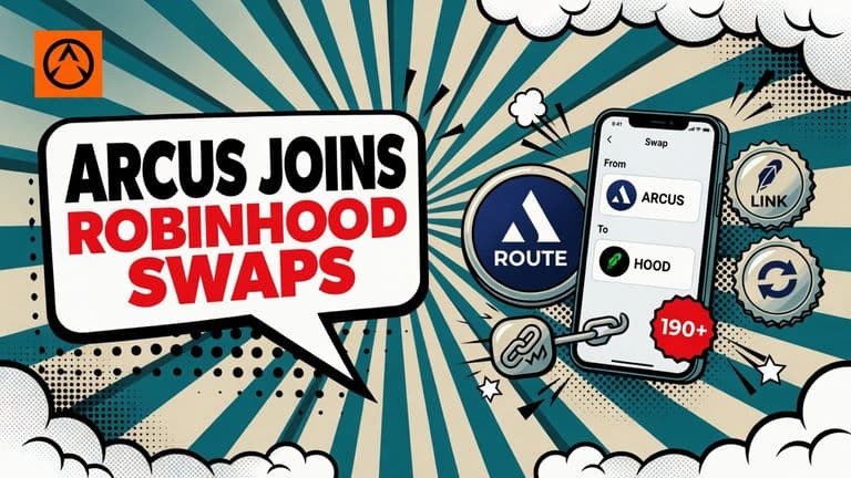A comic cover shows a phone using the Robinhood Wallet to route a stock-token swap through Arcus, with two market-maker quotes competing for the trade.