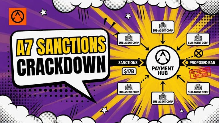 A pop-art A7 payment network is hit by US sanctions while a separate proposed payment ban remains marked as pending.