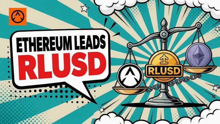 A pop-art balance scale shows Ethereum holding more RLUSD than the XRP Ledger, with the RLUSD badge linking both networks.