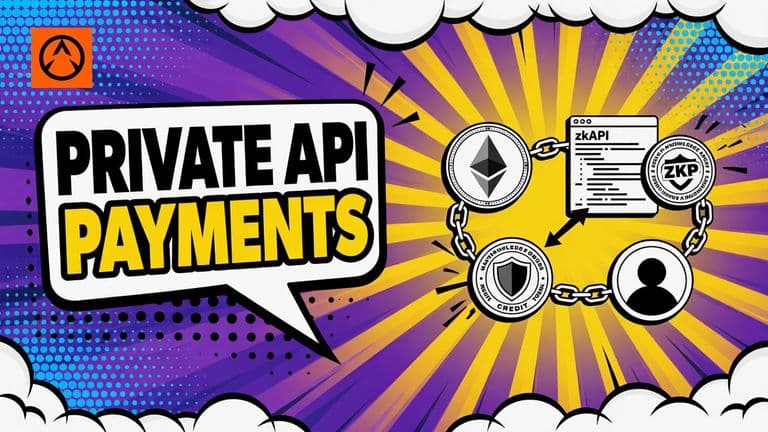 A pop-art illustration shows zkAPI separating a faceless Ethereum payer from an API request, with a proof seal and metered credit token between them.