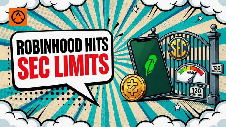 A Robinhood phone pushes a tokenized stock coin through a narrow SEC gate while a capacity gauge reaches its ceiling.