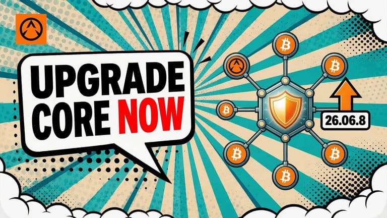 A pop-art cover shows a Core Lightning node on the Bitcoin Lightning Network with an urgent upgrade arrow and a badge for version 26.06.8.