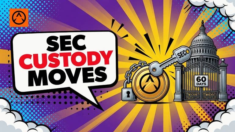 A comic illustration shows an SEC custody key and secured crypto coin advancing toward an open vault while a legislative gate remains closed.
