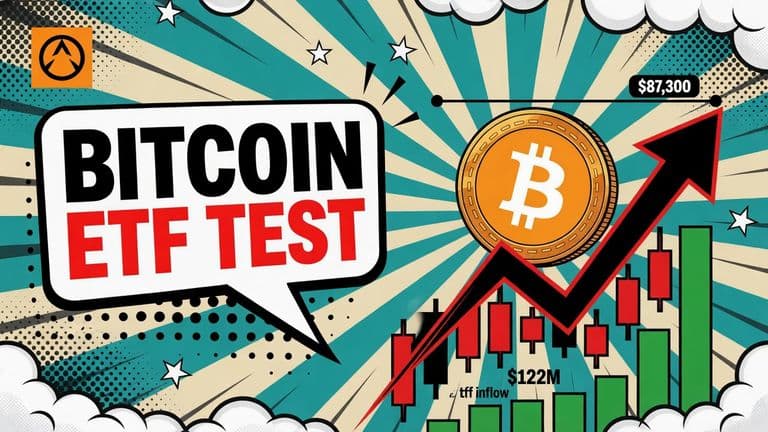A pop-art Bitcoin coin rises toward a resistance marker as short liquidations and ETF inflow bars show the tension behind the breakout.