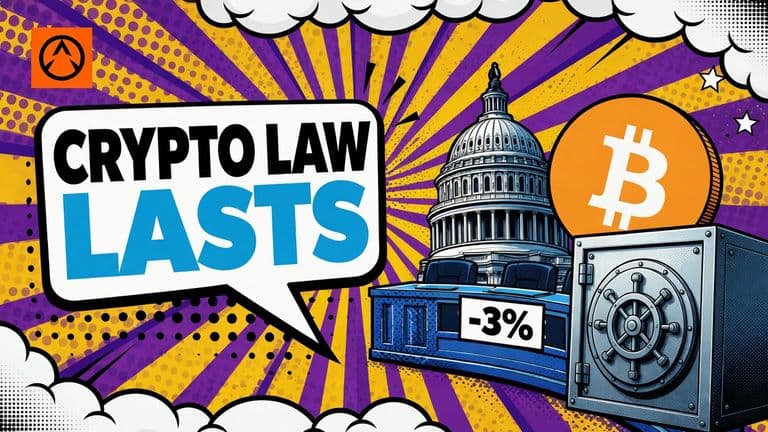 A pop-art illustration shows a US Capitol building, a Bitcoin coin and a bank vault, with the headline about lasting crypto law.