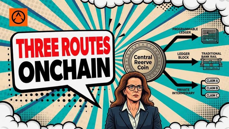 A comic illustration of Isabel Schnabel presenting a central bank reserve coin that branches into three routes for onchain settlement, each ending in a different claim structure.