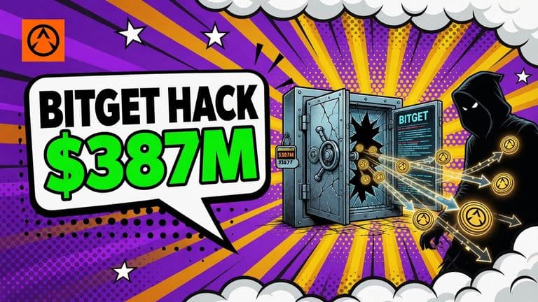 A comic Bitget exchange vault is breached as an attacker redirects $387 million through blockchain paths on the right, with a large headline on the left.