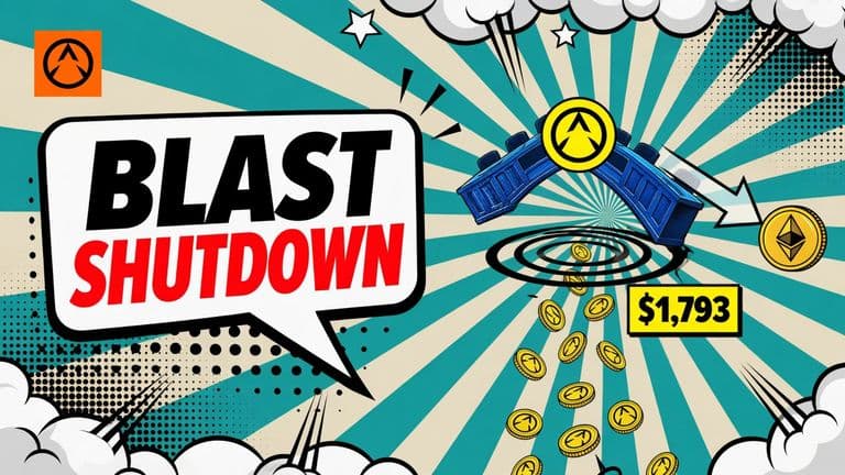 A pop-art illustration shows the Blast network shrinking beside a bridge sending assets back to Ethereum, with a speech bubble announcing BLAST SHUTDOWN and a badge showing $1,793.