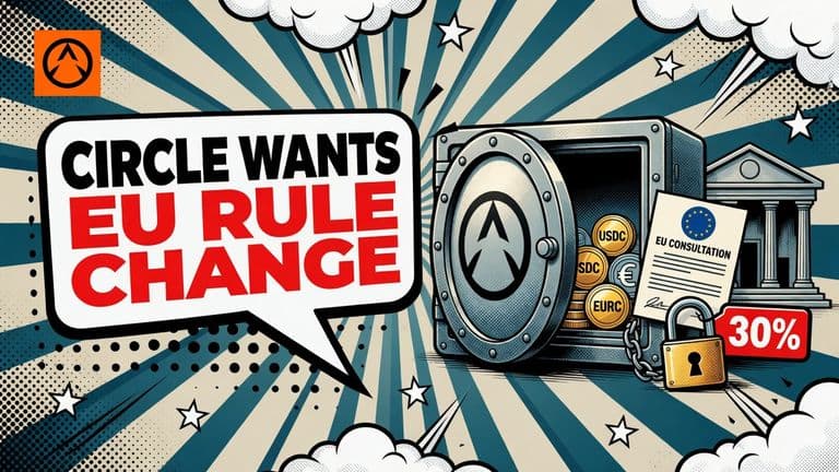A comic reserve vault holding USDC and EURC is linked to a bank and an EU consultation document, illustrating Circle's request for looser stablecoin reserve rules.