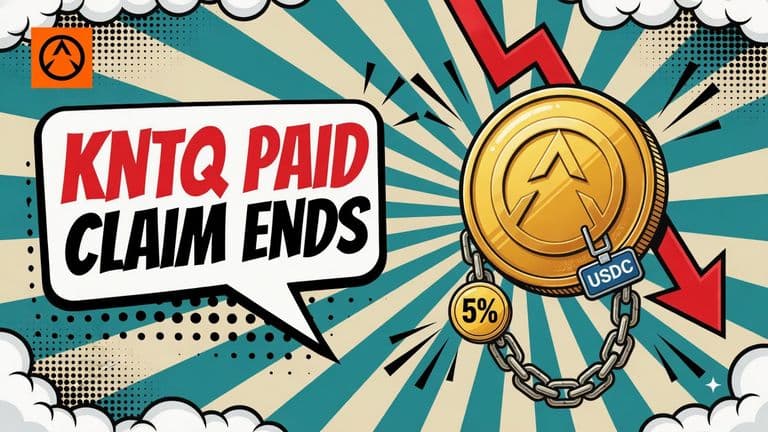 A pop-art KNTQ coin with the Kinetiq mark, a USDC payment tag and a falling price arrow illustrates Kinetiq ending its kPoints program with a paid token claim.